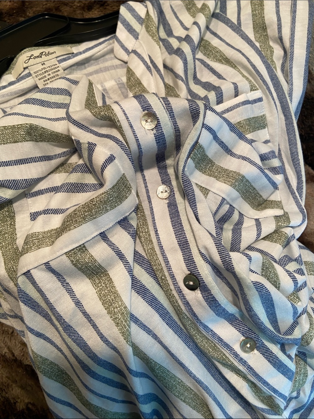 Striped Short-Sleeve Button Front Blouse in Light Blue & Olive - Picture 10 of 10